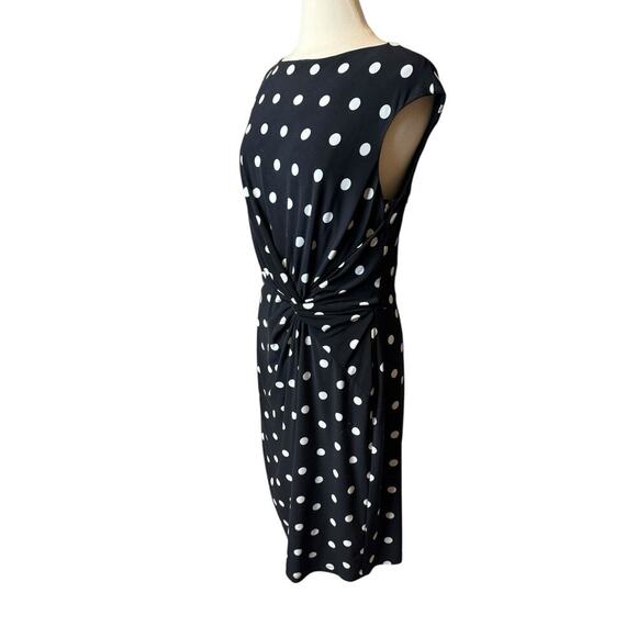Lauren Ralph Lauren Polka Dot Dress Midi Ruched Size 16 Black White - Picture 2 of 6